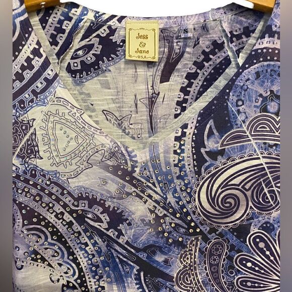 Jess & Jane Sz S Purple Abstract Pleated Bat Wing Sleeves Flowy Relaxed Fit Top - Picture 3 of 5